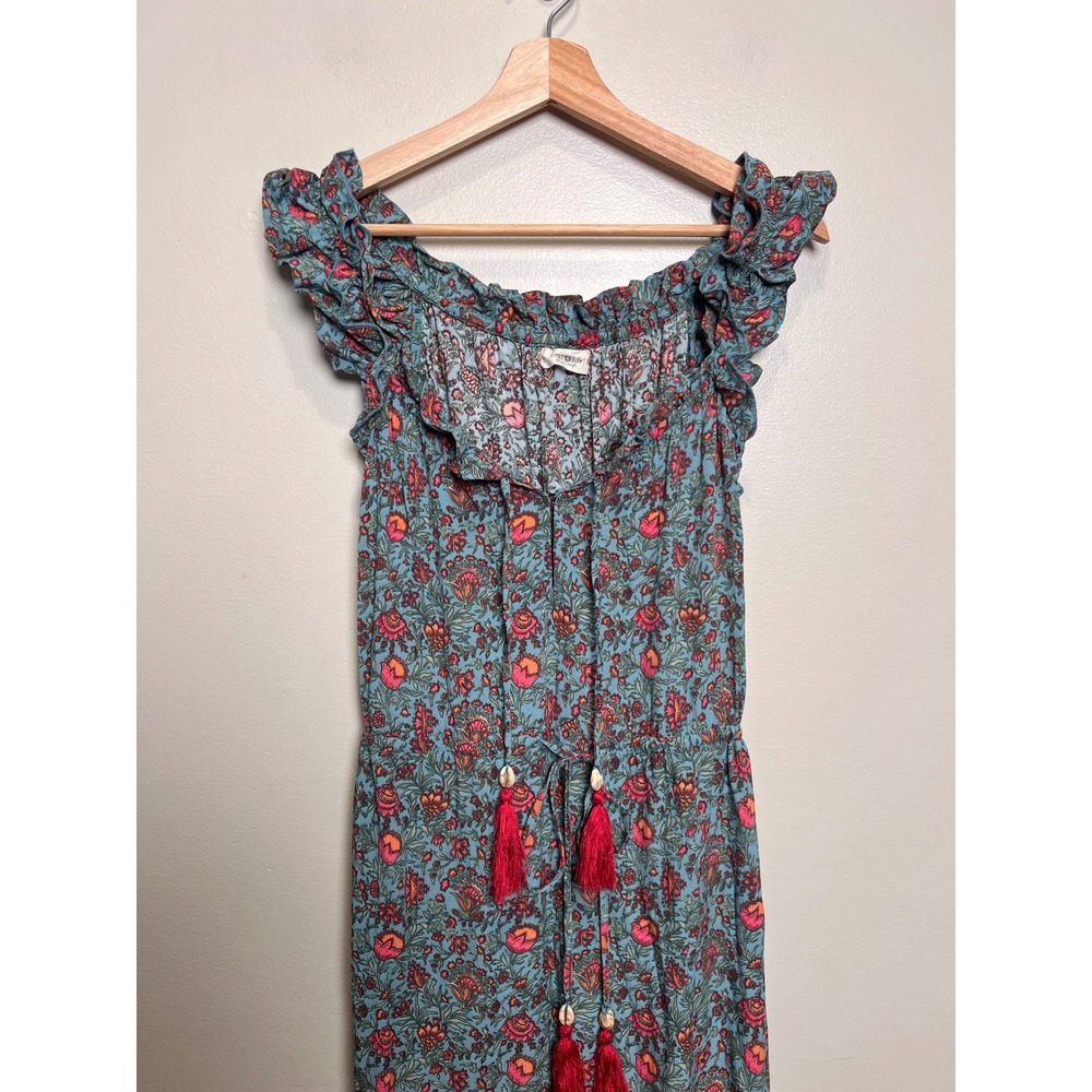 Natural Life Maxi Dress Tiered Womens M Teal Floral Tassel Boho Summer Flowy - Picture 3 of 6